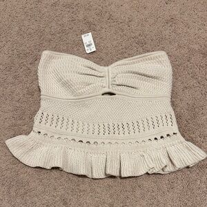 aerie Cream Knit Strapless Crochet Crop Top with Ruffle Hem